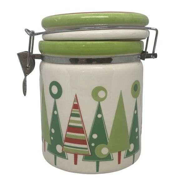 Christmas Trees Wire Bail Lidded Candy Coffee Treat Crock Canister Lucerne Foods - Picture 3 of 16